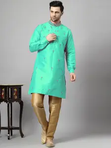 Utsav Fashion Floral Embroidered Beads and Stones Art Silk Straight Kurta with Trousers