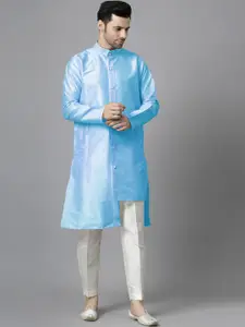 Utsav Fashion Mandarian Collar Tiered Raw Silk High-Low Kurta with Trousers