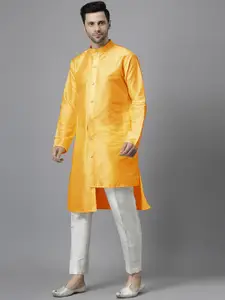 Utsav Fashion Mandarian Collar Tiered Raw Silk High-Low Kurta with Trousers