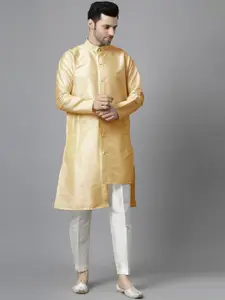 Utsav Fashion Band Collar Tiered Raw Silk Straight Kurta with Trouser