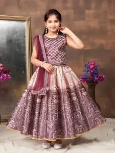 Sangria Girls Ethnic Motifs Printed Embellished Lehenga With Choli & Dupatta