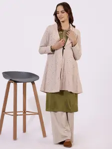 W Floral Self Design Schiffli Button A-line Shrug