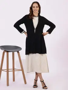 W Floral Self Design Schiffli Button A-line Shrug