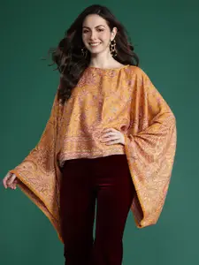 Sangria Indie Floral Woven Design Flared Kimono Sleeve Kaftan Top
