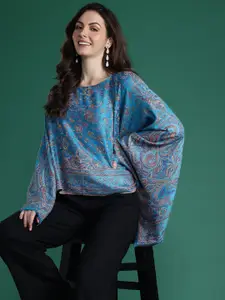 Sangria Indie Floral Woven Design Flared Kimono Sleeve Kaftan Top