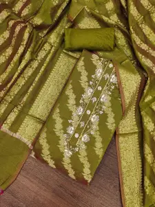 MANVAA Floral Woven Design Beads and Stones Unstitched Dress Material