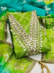 MANVAA Bandhani Printed Gotta Patti Organza Unstitched Dress Material