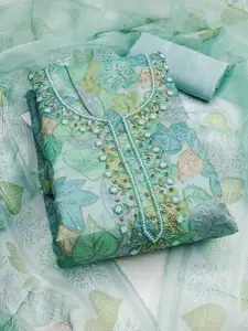 MANVAA Floral Printed Beads Work Organza Unstitched Dress Material