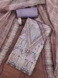 MANVAA Paisley Printed Sequinned Organza Unstitched Dress Material