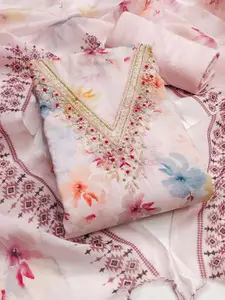 MANVAA Floral Printed Beads Unstitched Dress Material