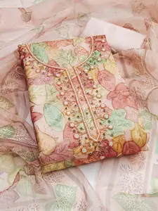 MANVAA Floral Printed Beads Work Organza Unstitched Dress Material