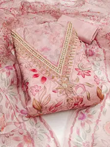 MANVAA Floral Printed Beads Work Organza Unstitched Dress Material