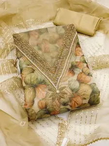 MANVAA Ethnic Motifs Embellished Beads and Stones Organza Unstitched Dress Material