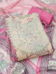 MANVAA Floral Printed Beads and Stones Organza Unstitched Dress Material