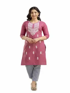 GUNDIA FASHION Floral Embroidered Notch Neck Thread Work Pure Cotton Straight Kurta