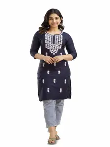 GUNDIA FASHION Floral Embroidered Notch Neck Thread Work Pure Cotton Straight Kurta