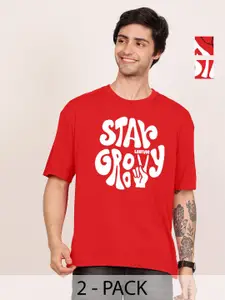 Leotude Men Pack Of 2 Typography Printed Round Neck Cotton Oversized T-shirts