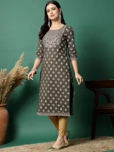 Sangria Floral Printed And Embroidered Pure Cotton Round Neck Zari Work Straight Kurta