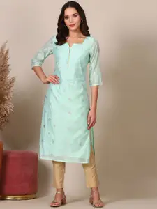 AURELIA Floral Printed Square Neck Machine Weave Straight Kurta