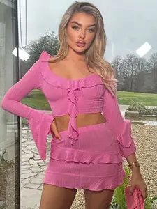 StyleCast Pink Self Design Scoop Neck Top With Skirt