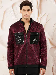 VASTRAMAY Men Mock Collar Self Design Casual Bomber Lightweight Jacket