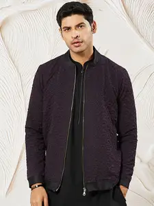 VASTRAMAY Men Stand Collar Self Design Casual Bomber Lightweight Jacket