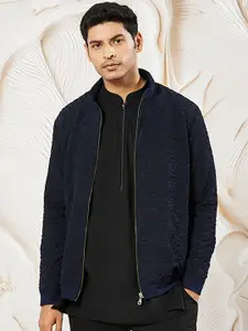 VASTRAMAY Men Stand Collar Self Design Casual Bomber Lightweight Jacket