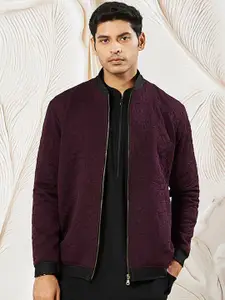 VASTRAMAY Men Stand Collar Self Design Casual Bomber Lightweight Jacket