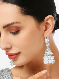 OOMPH Silver-Plated Kundan Studded And Beaded Dome Shaped Jhumkas