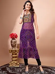 KALINI Bandhani Printed Round Neck Thread Work Georgette Straight Kurta