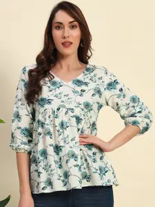 Sa Rasa Floral Printed V-Neck Puff Sleeves Empire Top