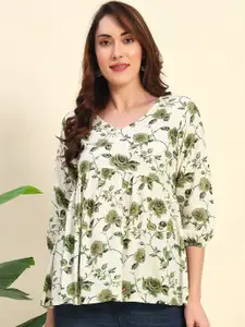 Sa Rasa Floral Printed V-Neck Puff Sleeves Empire Top