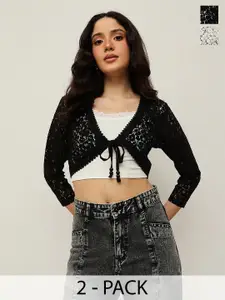 Espresso Pack Of 2 Self Design Crop Tie-Up Shrug