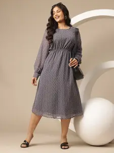Sztori Plus Size Geometric Print Cuffed Sleeves A-Line Midi Dress