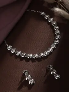 ASMITTA JEWELLERY Rhodium-Plated American Diamond Studded Necklace and Earrings