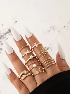 Shining Diva Fashion Pack Of 9 Gold-Plated Pearls Studded Finger Rings