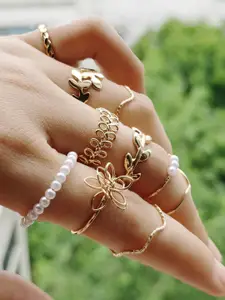 Shining Diva Fashion Pack Of 10 Gold-Plated Pearls Beaded Finger Rings