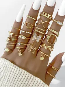 Shining Diva Fashion Pack Of 23  Gold-Plated Crystals Studded Finger Rings