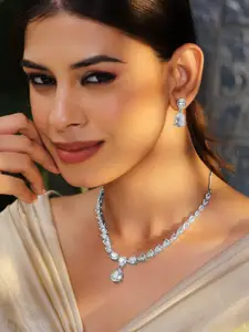 Rubans Rhodium-Plated White Cubic Zirconia Studded Statement Necklace Set