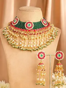 Rubans 24K Gold-Plated Kundan & Beaded Handcrafted Ruby, Emerald & Pearl Necklace Set