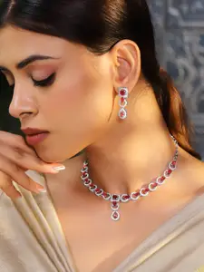 Rubans Rhodium-Plated Ruby Pink AD & Cubic Zirconia Studded Classic Necklace Set