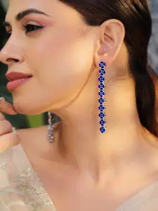 Rubans Rhodium-Plated Blue Cubic Zirconia Studded Drop Earrings