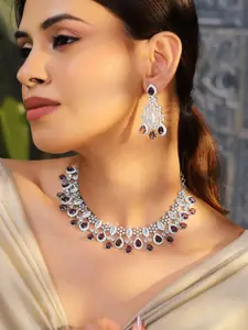 Rubans Rhodium-Plated Purple Sapphire & Cubic Zirconia Studded Necklace Set
