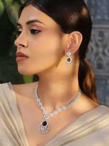 Rubans Rhodium-Plated Black Onyx AD & Cubic Zirconia Studded Necklace Set
