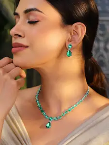 Rubans Rhodium-Plated Emerald Green AD & Cubic Zirconia Studded Necklace Set