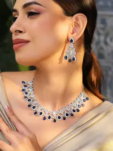 Rubans Rhodium-Plated Blue Sapphire & White CubicZirconia Statement Necklace Set