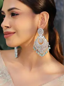 Rubans Rhodium-Plated AD & Mint Green Cubic Zirconia Studded Chandelier Earrings