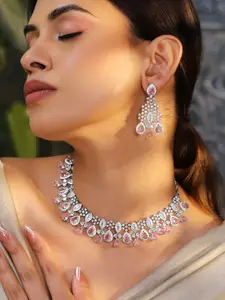 Rubans Rhodium-Plated Pink AD & Cubic Zirconia Studded Statement Necklace Set
