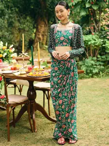 Global Desi Floral Printed Shoulder Strap Crop Top With Skirt & Shrug