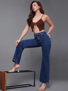 Miss Chase Women Wide Leg High-Rise Mildly Distressed Light Fade Stretchable Jeans